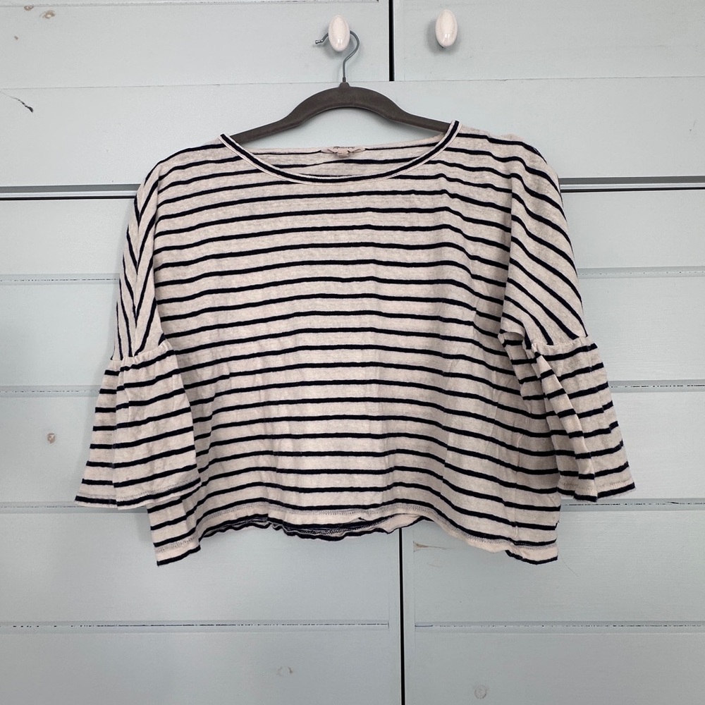 Madewell Cropped Striped Box Cut Flutter Sleeve T-shirt, Size Small, White/Navy